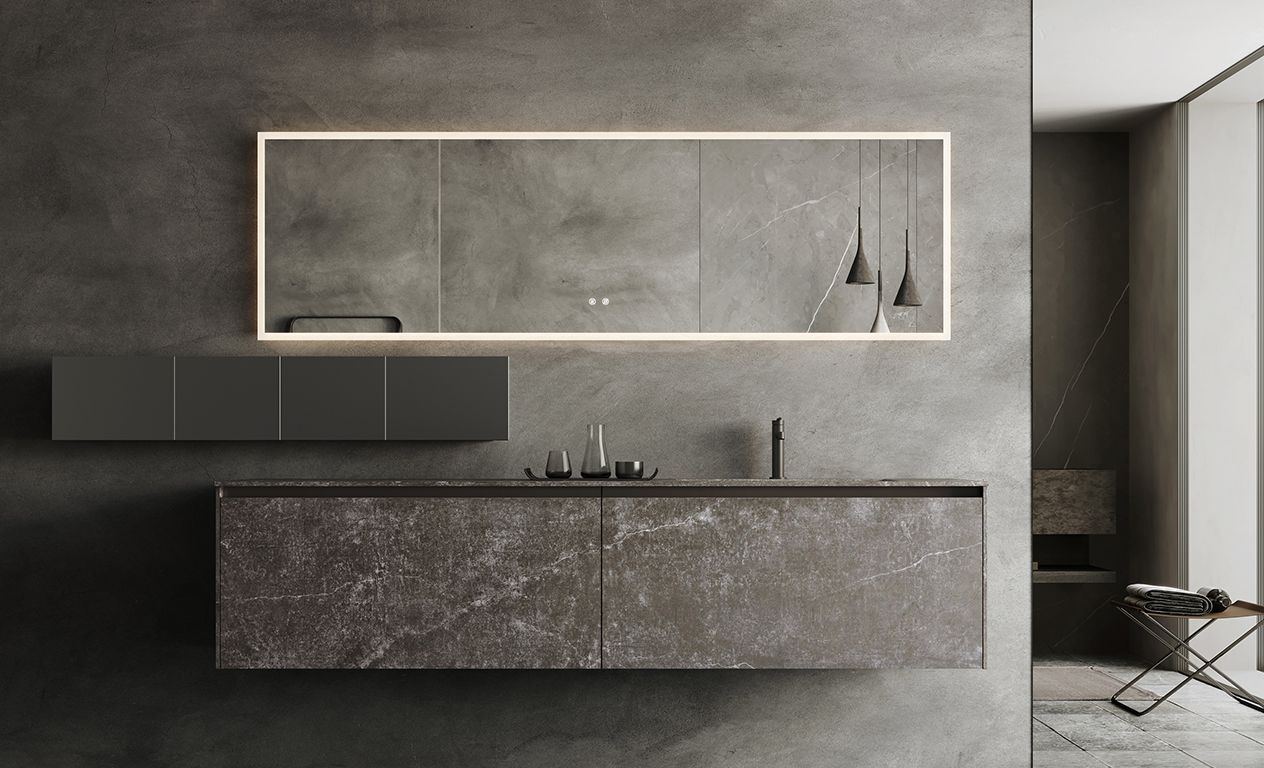 BOLONI Burns bathroom with a dark wall-mounted vanity and framed mirror