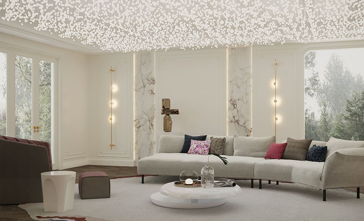 BOLONI Maine living room with pale framed wall panels and a door