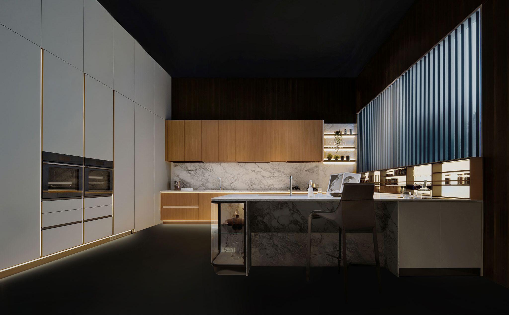 BOLONI Mars kitchen with a marble island, timber cabinets and framed wall units